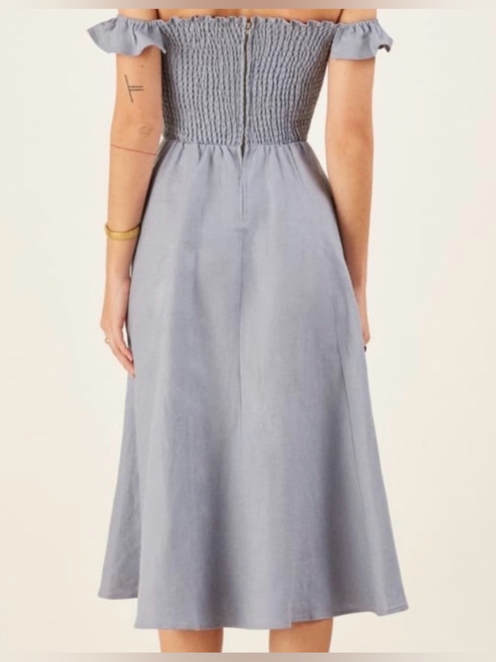 Reformation Hattie Blue Ruffle off shoulder Linen A-Line Blue midi Dress size 6 - Picture 2 of 8